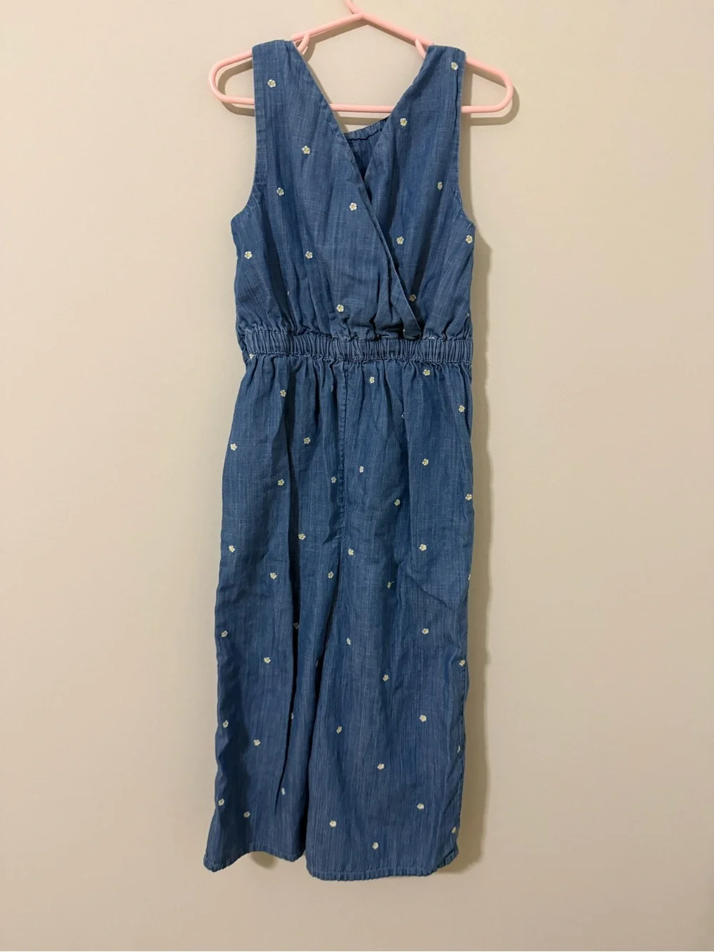Boden Blue Chambray Button-Front Girls Jumpsuit with embroidered daisies